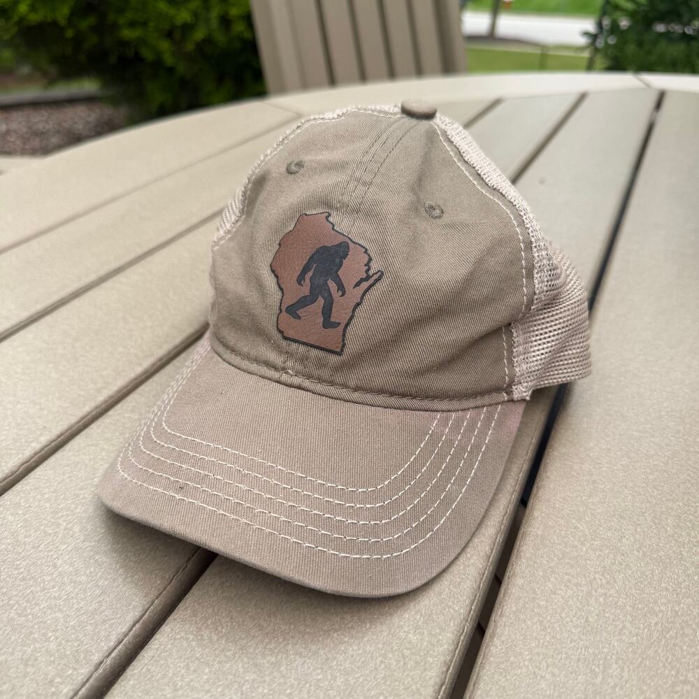 Wisconsin Bigfoot Sasquatch Brown Mesh Trucker Hat Snapback Leather Patch